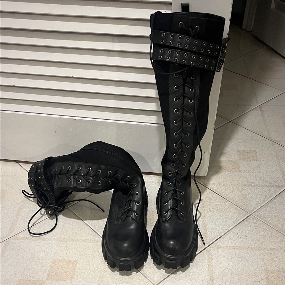 Black Lace-Up Knee-High Boots